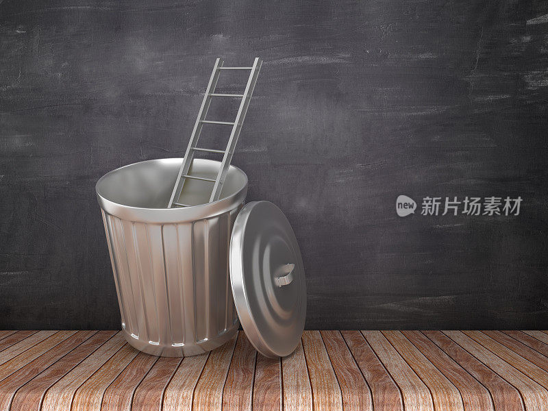垃圾桶与楼梯的黑板背景- 3D渲染
